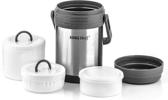 Kinghoff food thermos 1,5 liter – RVS lunchbox met 3 bakjes, dubbelwandig