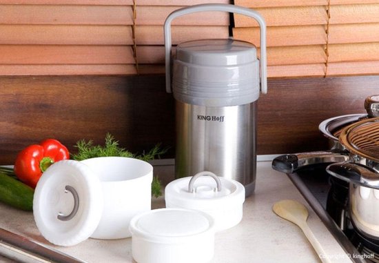 Thermos alimentaire - Boîte à lunch en acier inoxydable - 3 récipients séparés (0,3 L + 0,68 L + 0,32 L) - Double paroi - Maintient au chaud et au froid pendant des heures - Capacité totale de 1,5 L - Léger et incassable
