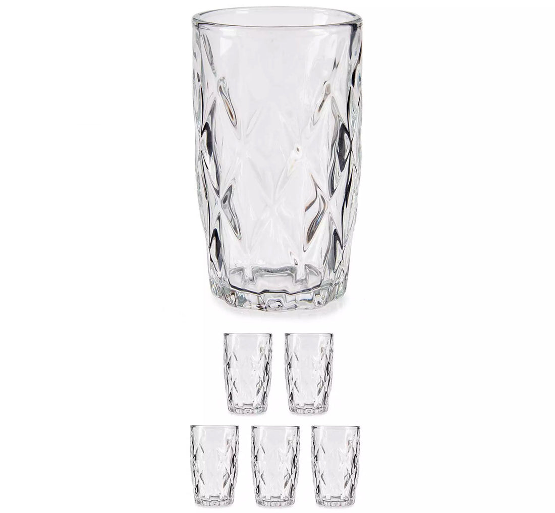 Gedecoreerde drinkglazen, set van 6 – waterglazen van 340 ml, transparant