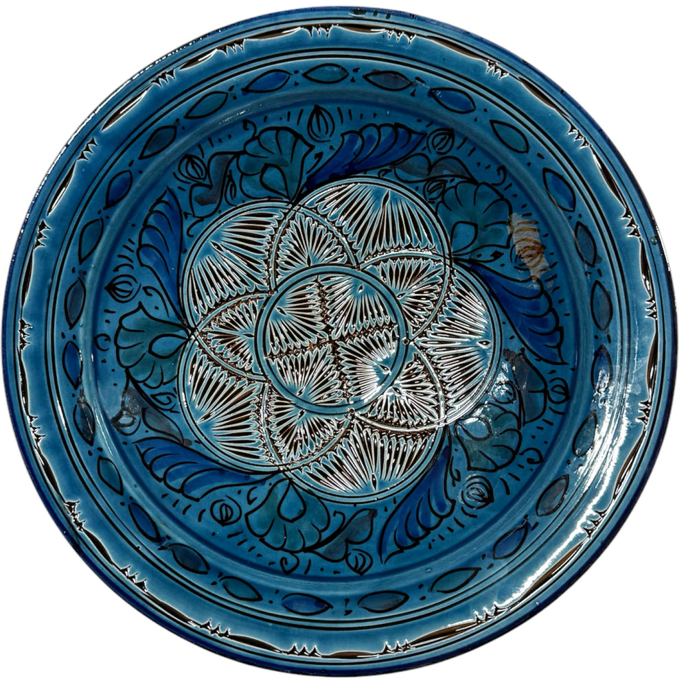 Moroccan engraved pottery bowl blue
