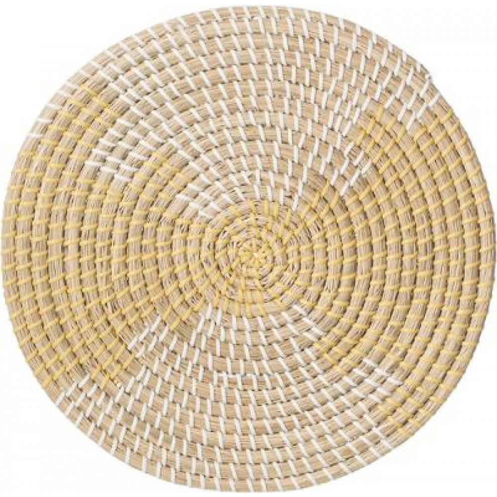 Set de table rond en jonc de mer jaune/blanc - Ø 35 cm - Dessous de plat