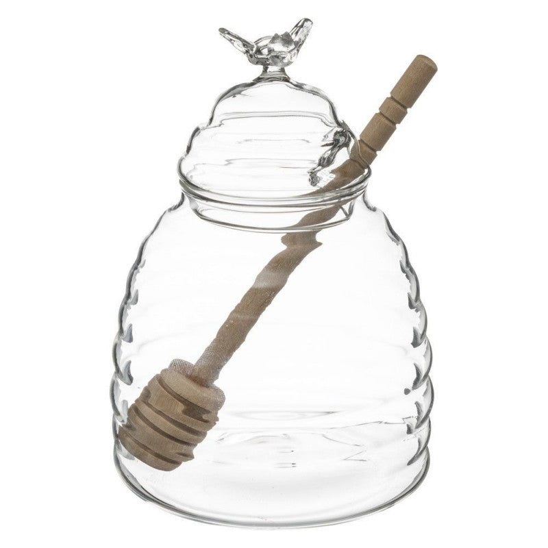Glass honey pot with wooden dipper