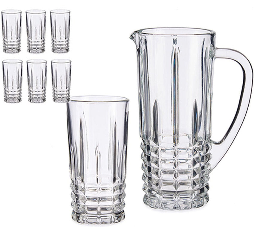 Glazen schenkkan (karaf) van 1 liter met 6 drinkglazen van 250 ml