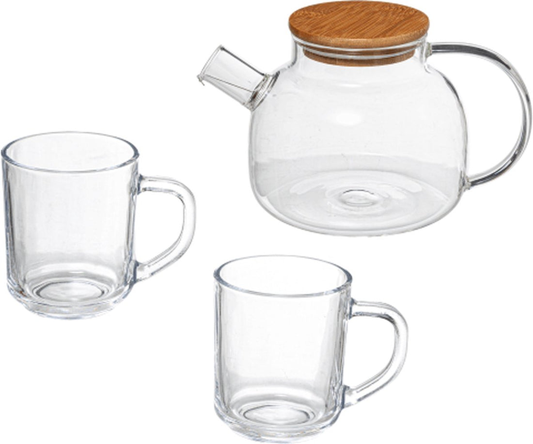 Bamboo glass teapot set with 2 glass cups