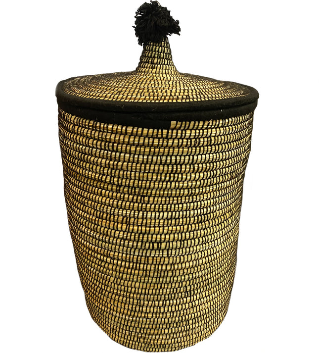 Grote Marokkaanse berber mand zwart – rieten wasmand met deksel, 60 cm