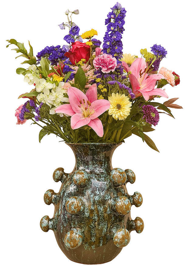 Handmade ceramic vase with spherical structure – brown / green – 26 cm high