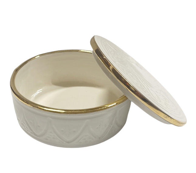 Handgemaakte keramische Empreinte pot – wit met gouden rand, Ø 13 cm