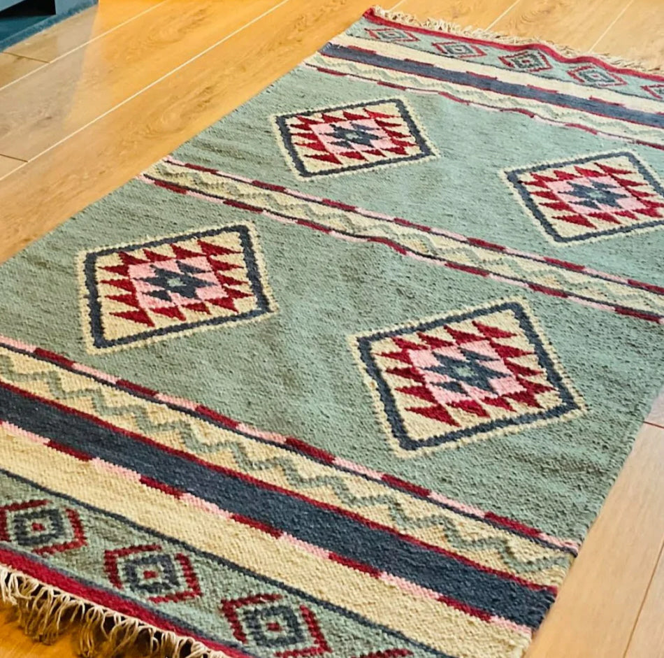 Hand-woven wool and cotton kilim rug in multiple colors, geometric, diamond-shaped, 75 cm x 135 cm