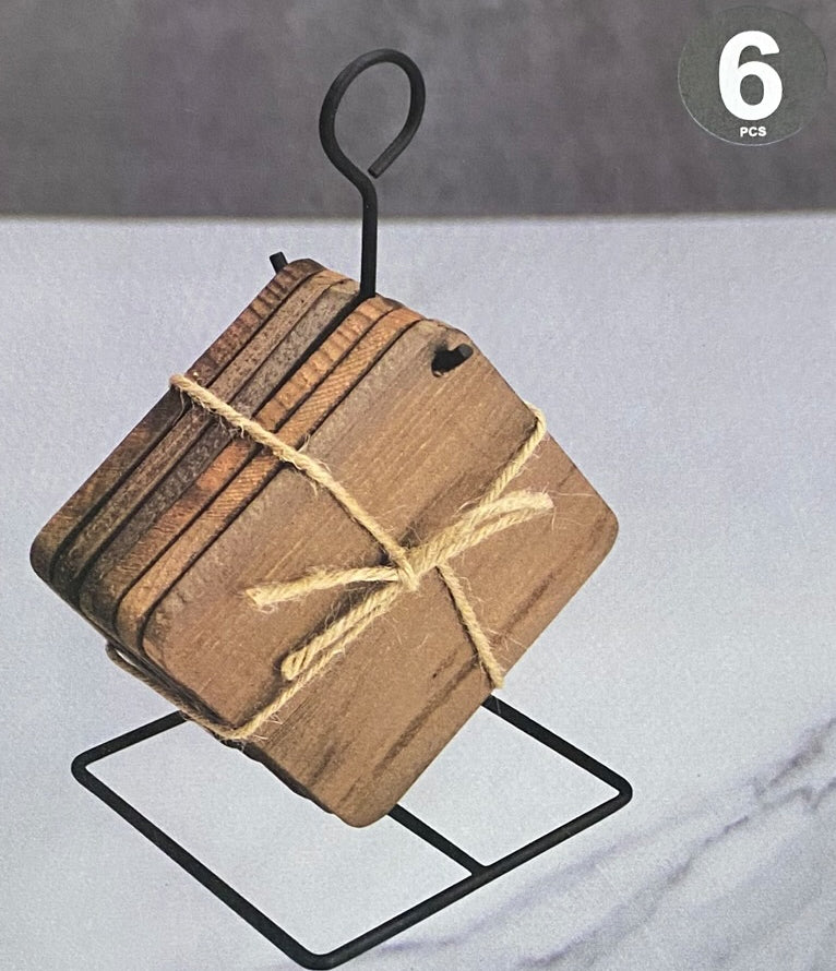 Houten onderzetters 6 stuks met metalen houder – 10,5 x 10,5 cm – foto 3