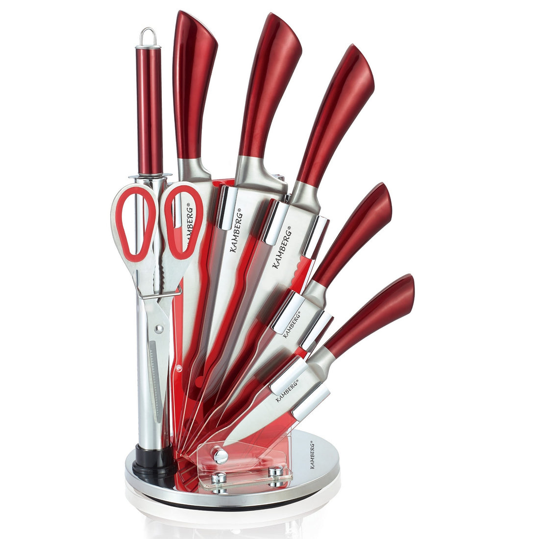Luxury 8-Piece Knife Set Including Stand - Kitchen Knives - Red / Stainless Steel - Incl. Knife Sharpener