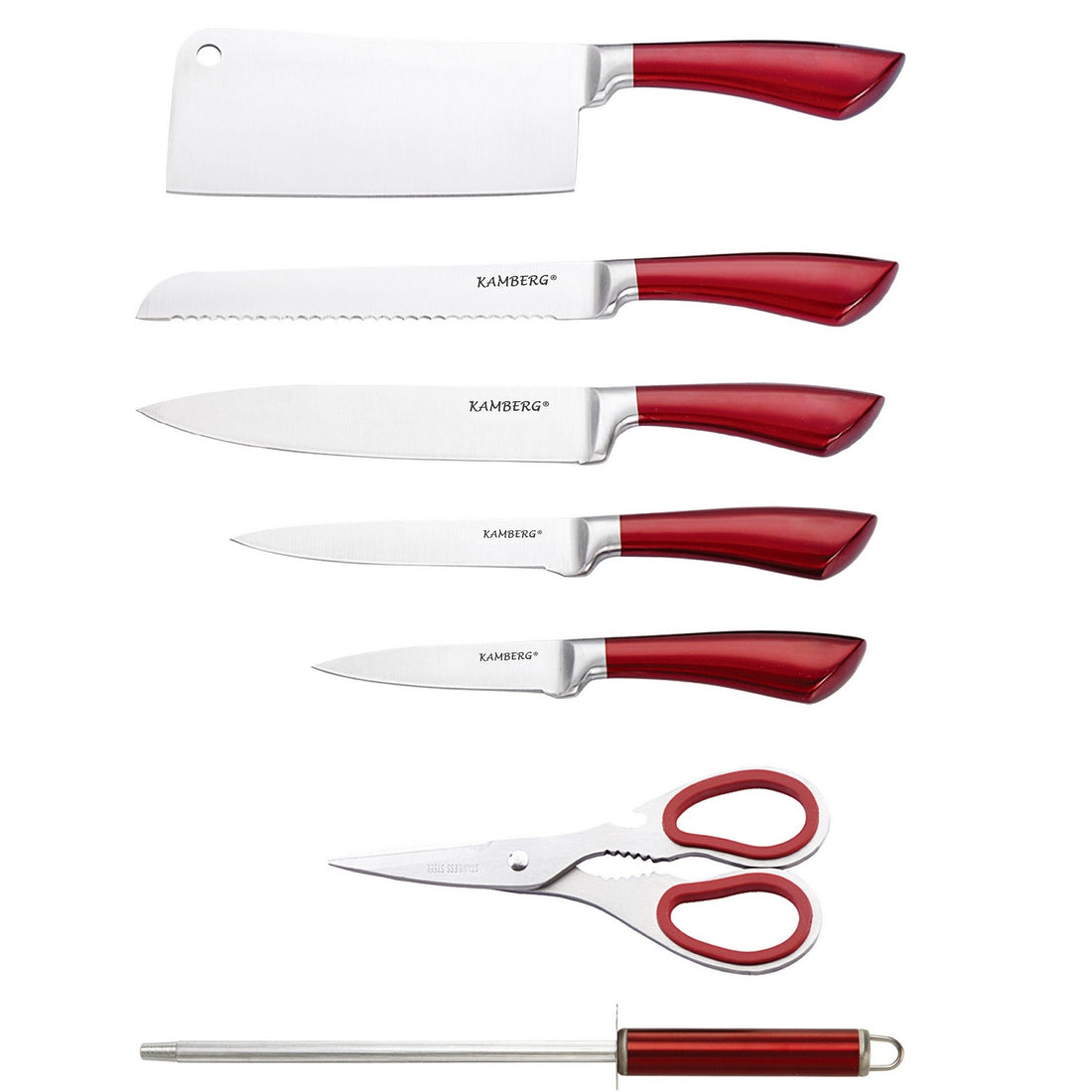 Luxury 8-Piece Knife Set Including Stand - Kitchen Knives - Red / Stainless Steel - Incl. Knife Sharpener