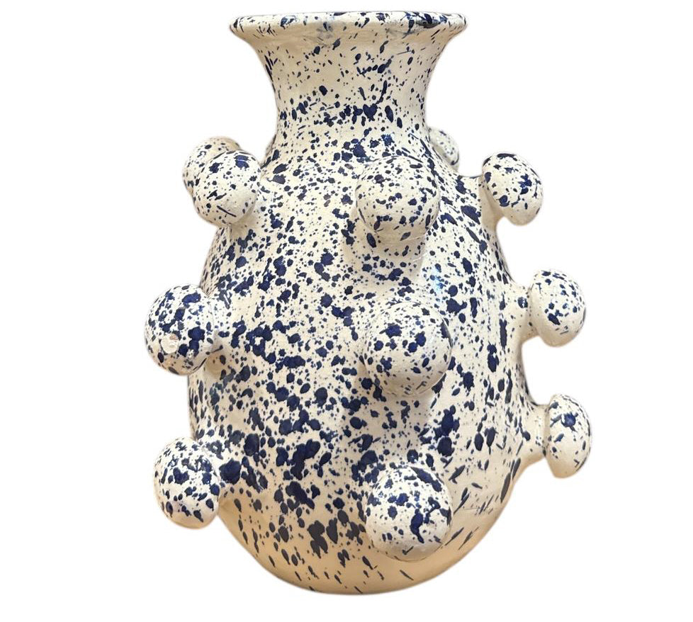 Keramikkugelvase weiß mit blauen Sprenkeln – 26 cm