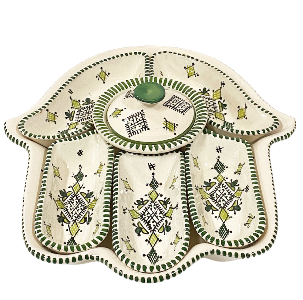 Khamsa serveerschaal wit-groen – Marokkaans aardewerk met 6 dipschaaltjes – foto 5