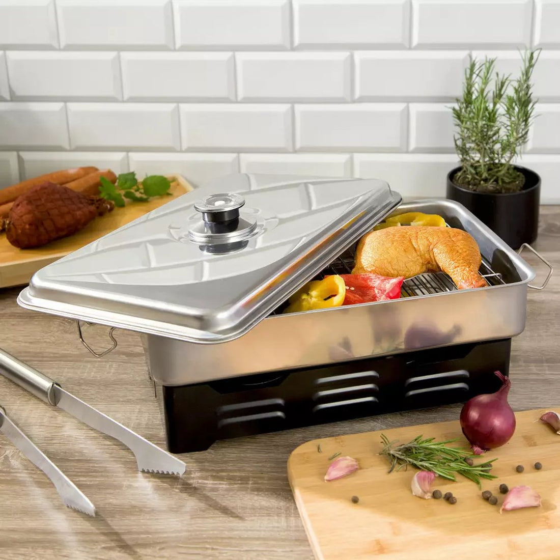 Balkonräucherofen mit Thermometer - Edelstahl, kompakt und tragbar - Ideal für Fisch, Hähnchen und Fleisch - Barbecue Räucherofen - BBQ Smoker
