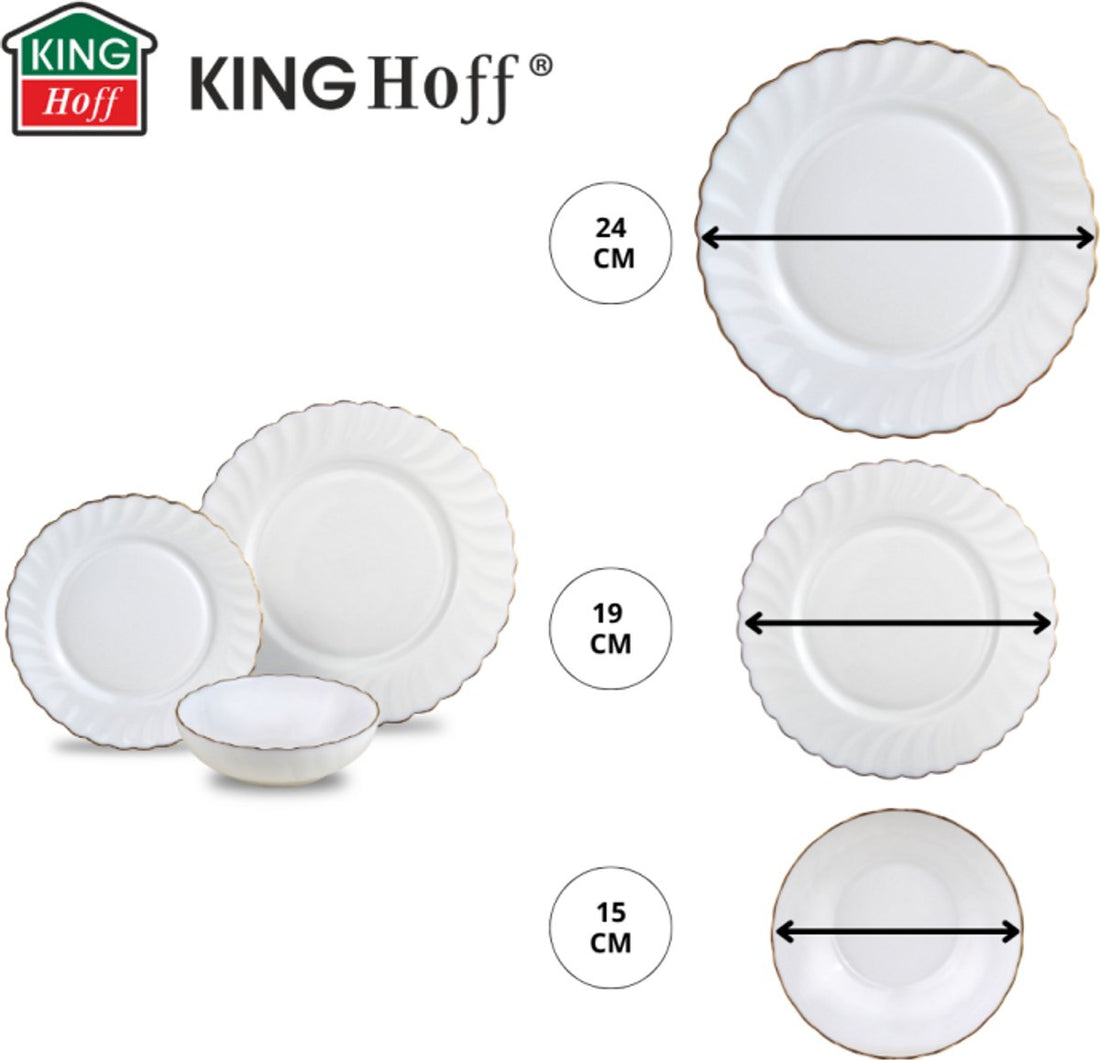 KINGHOFF Service de vaisselle MARIGOLD - 18 pièces - Blanc avec Bord Doré - Verre Opale - Assiettes Plates, Assiettes à Dessert & Bols à Soupe - Service pour 6 Personnes