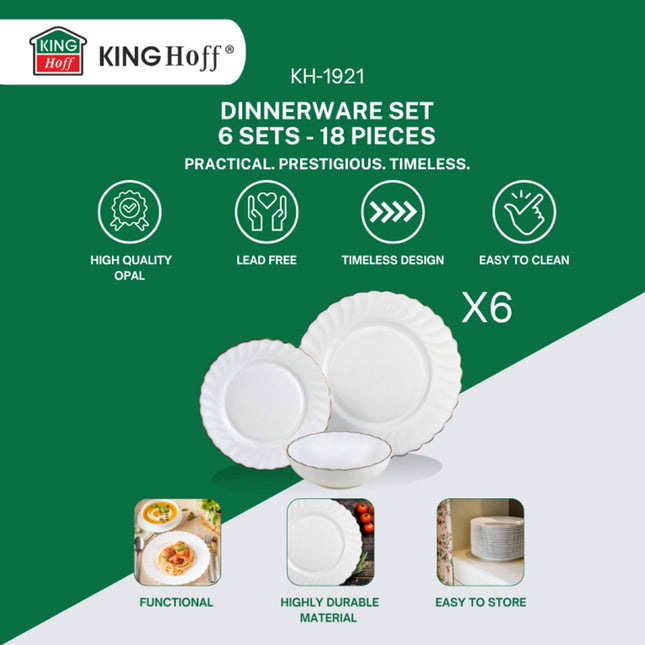 KINGHOFF Geschirrset MARIGOLD - 18-teilig - Weiß mit Goldrand - Opalglas - Speiseteller, Dessertteller & Suppenschalen - Set für 6 Personen