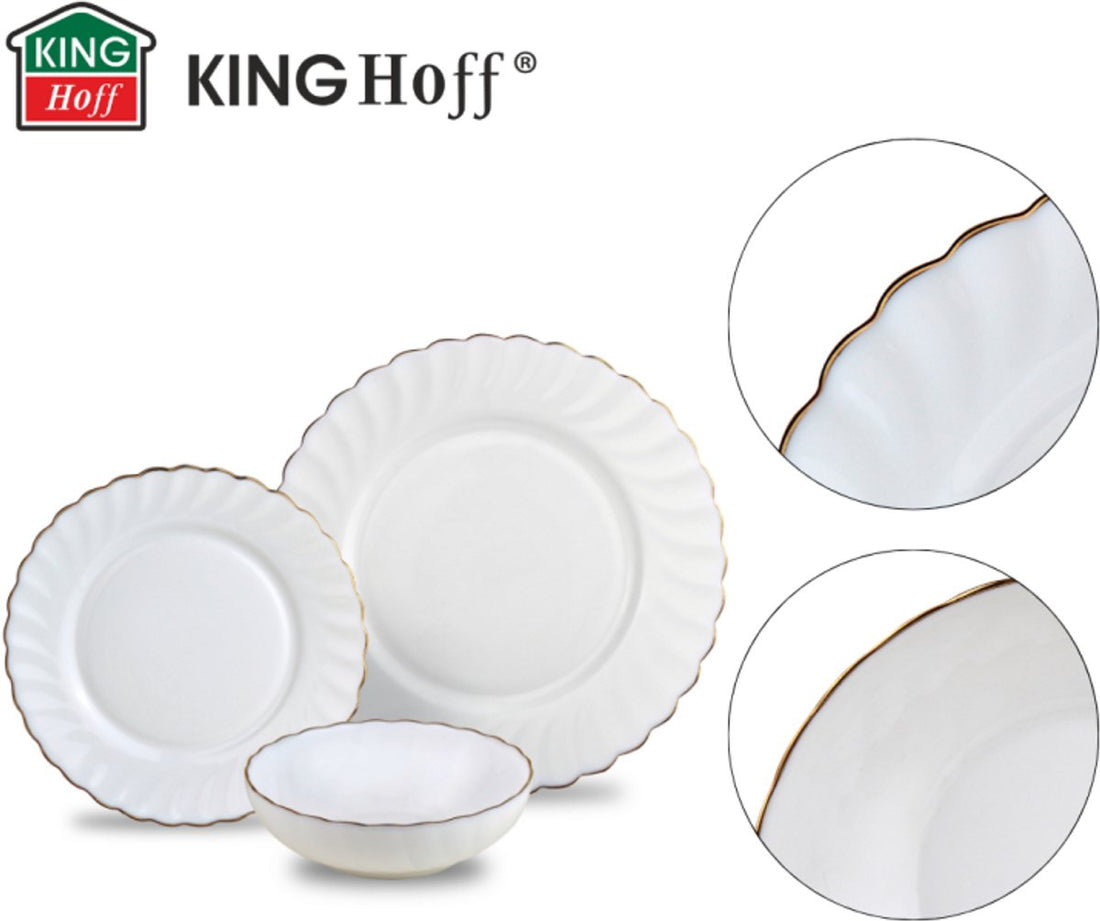 KINGHOFF Service de vaisselle MARIGOLD - 18 pièces - Blanc avec Bord Doré - Verre Opale - Assiettes Plates, Assiettes à Dessert & Bols à Soupe - Service pour 6 Personnes