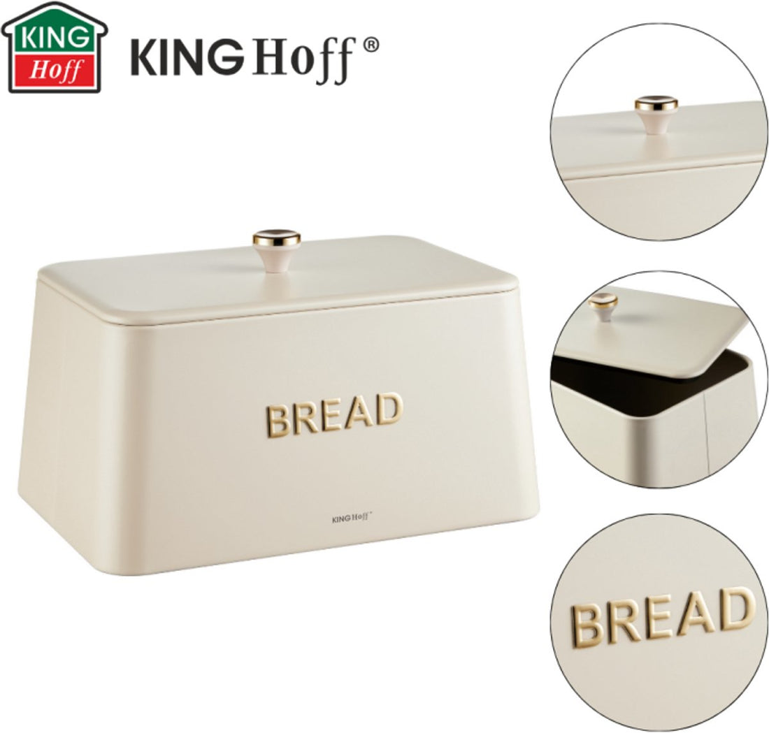 Kinghoff broodtrommel beige met goud – bamboe deksel, 35 x 23 x 21 cm – foto 2