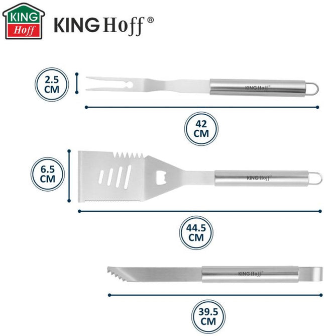 Kinghoff KH-1919 Barbecue Set 3-Piece – Stainless Steel Grill Set with Spatula, Fork and Tongs – Durable Steel, Ergonomic Handles – Suitable for Kamado