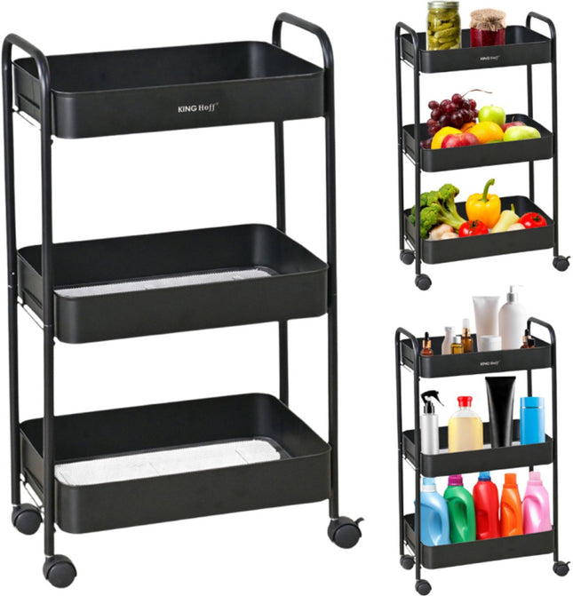Kinghoff KH-1941 Mobile 3-Tier Shelving Cart - Rolling Storage Trolley for Kitchen, Bathroom & Office - Black - Kitchen Organizer - Bathroom Organizer