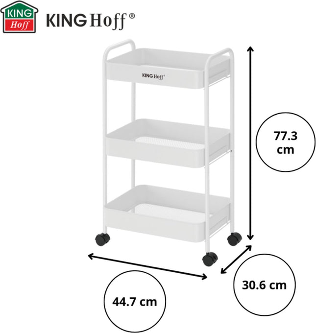 Kinghoff KH-1942 Chariot de rangement mobile à 3 niveaux - Desserte à roulettes - Blanc - Organisateur de salle de bain - Organisateur de cuisine