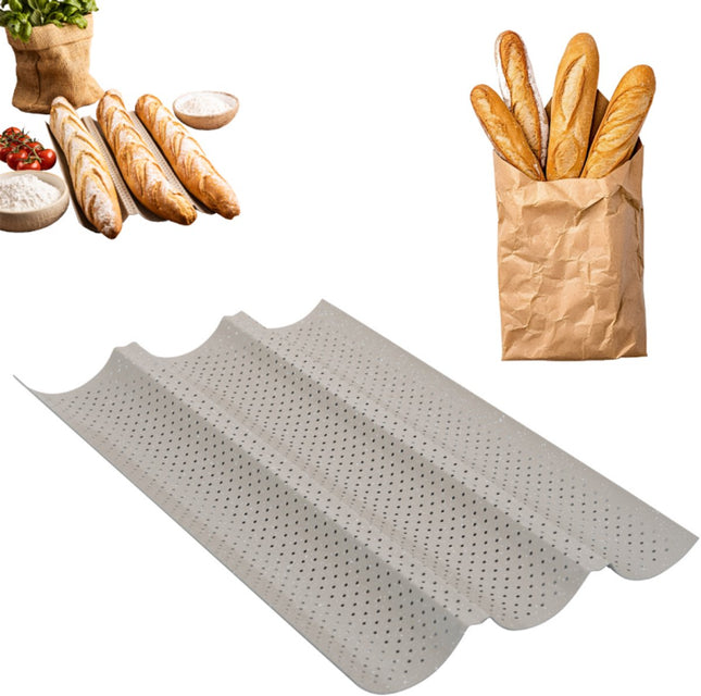 KINGHoff KH-1970 Perforeerde Baguettevorm - Bakblik met 3 Gleuven - Voor Knapperige Stokbroden - 38 x 24, 5 cm - Stokbroodvorm - Ovenrek
