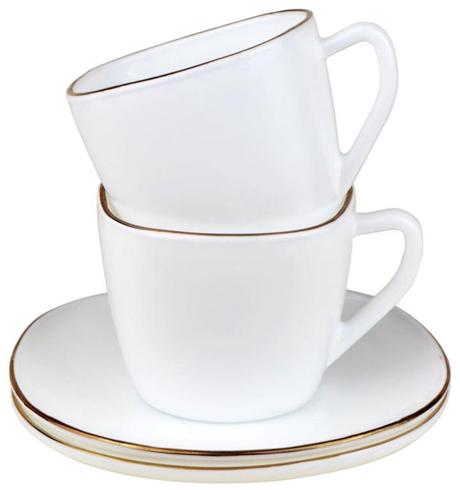 KingHoff Quadratische Tassen- und Untertassenset 12-teilig - Weiße Opalglas-Kaffeetassen mit Goldrand - 220 ml - Modernes Design - Kaffeeservice-Untertassenset