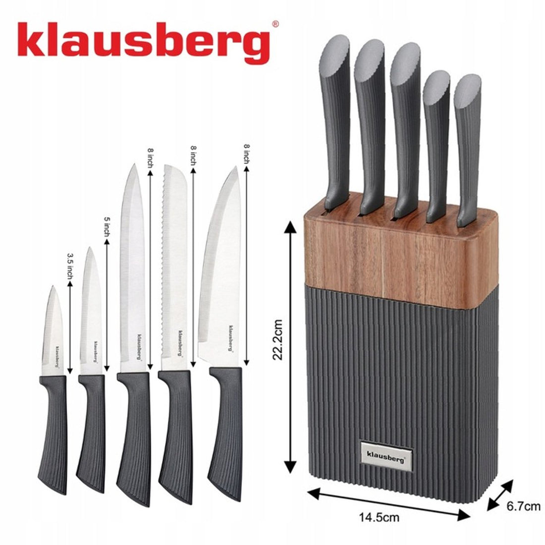 KLAUSBERG 6-Piece Knife Set – Acacia Wood Block – Stainless Steel – Grey Non-Slip Handles – KB-7979