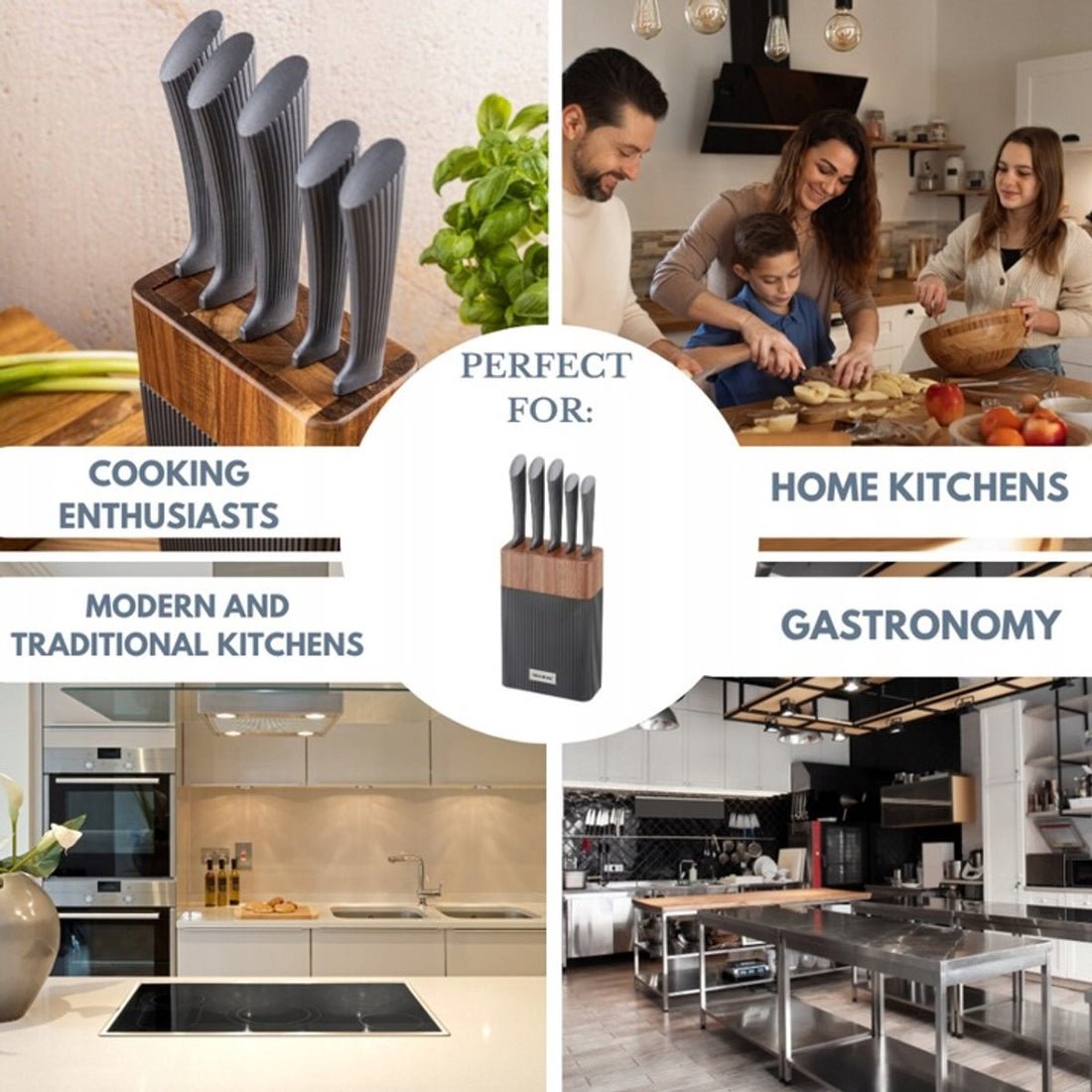 KLAUSBERG 6-Piece Knife Set – Acacia Wood Block – Stainless Steel – Grey Non-Slip Handles – KB-7979