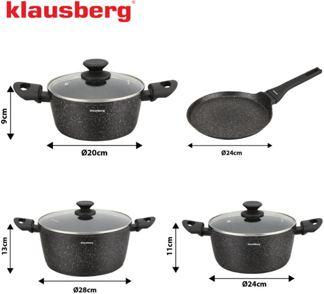 Klausberg KB-7962 Topfset 7-teilig Schwarz | Marmor-Antihaftbeschichtung | Inklusive Pfannkuchenpfanne | Induktionsgeeignet