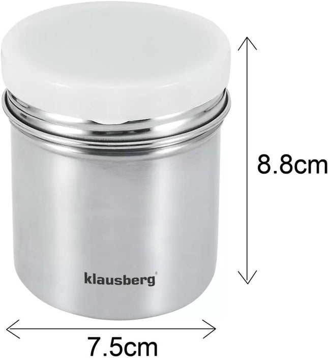 Klausberg KB7645 - Stainless Steel Powdered Sugar Shaker - With Fine Mesh and Airtight ABS Lid - 260 ml - Ideal for Powdered Sugar, Cocoa, and More