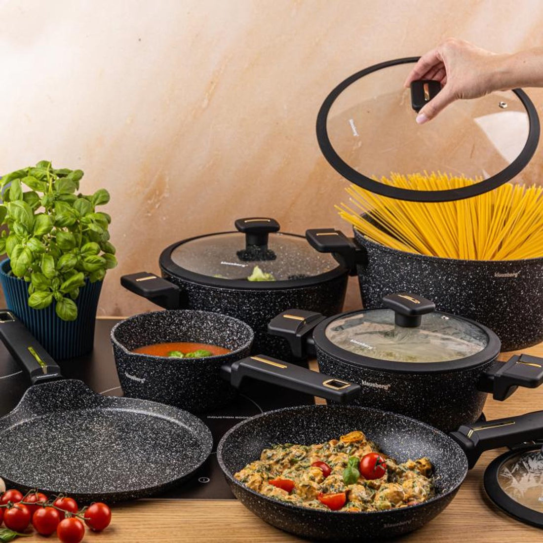 Klausberg 12-Piece Cookware Set - Black Marble Non-Stick Coating - Suitable for Induction - Includes Pots and Lids - KB-7966 - Pan Set - Cooking Set