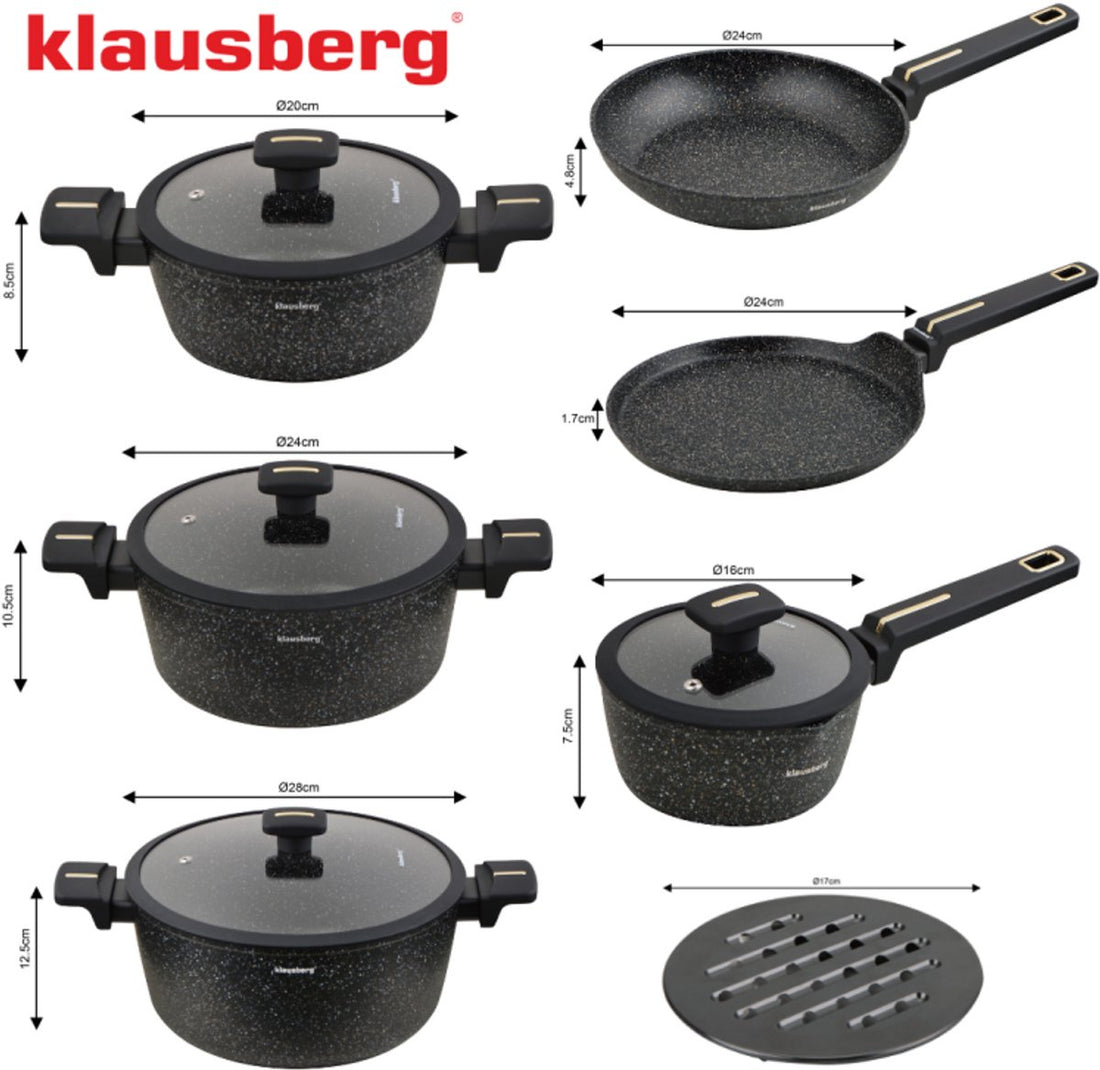Klausberg 12-Piece Cookware Set - Black Marble Non-Stick Coating - Suitable for Induction - Includes Pots and Lids - KB-7966 - Pan Set - Cooking Set