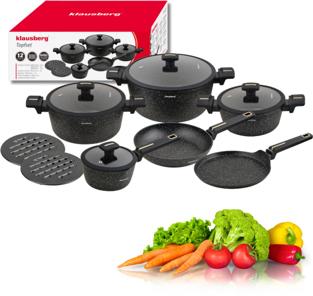 Klausberg 12-Piece Cookware Set - Black Marble Non-Stick Coating - Suitable for Induction - Includes Pots and Lids - KB-7966 - Pan Set - Cooking Set
