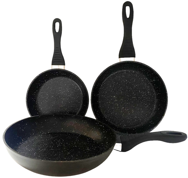 Set de 3 poêles à frire en aluminium forgé trempé pour induction - Revêtement antiadhésif aspect marbre dur - Ø 20, 24 & 28 cm - Sans PFOA ni nickel