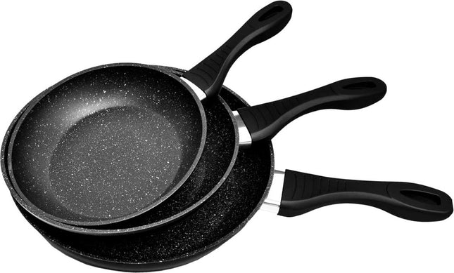 Set de 3 poêles à frire en aluminium forgé trempé pour induction - Revêtement antiadhésif aspect marbre dur - Ø 20, 24 & 28 cm - Sans PFOA ni nickel