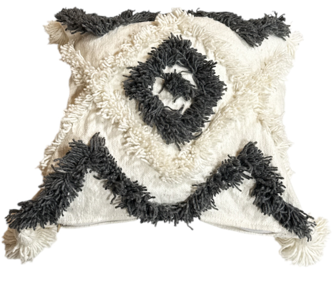 Marokkaanse kussenhoes met kwastjes wit-grijs – katoen, 44 x 44 cm