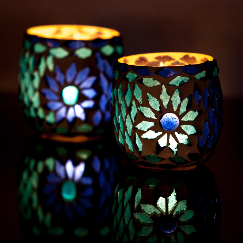 Mediterraner Mosaik-Teelichthalter - Blau - 2 Stk