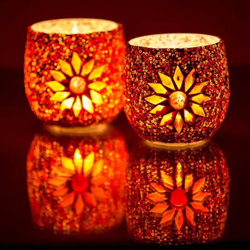 Mediterranean mosaic tea light holder Ø 8 cm Red - Set of 2 pcs - Orange