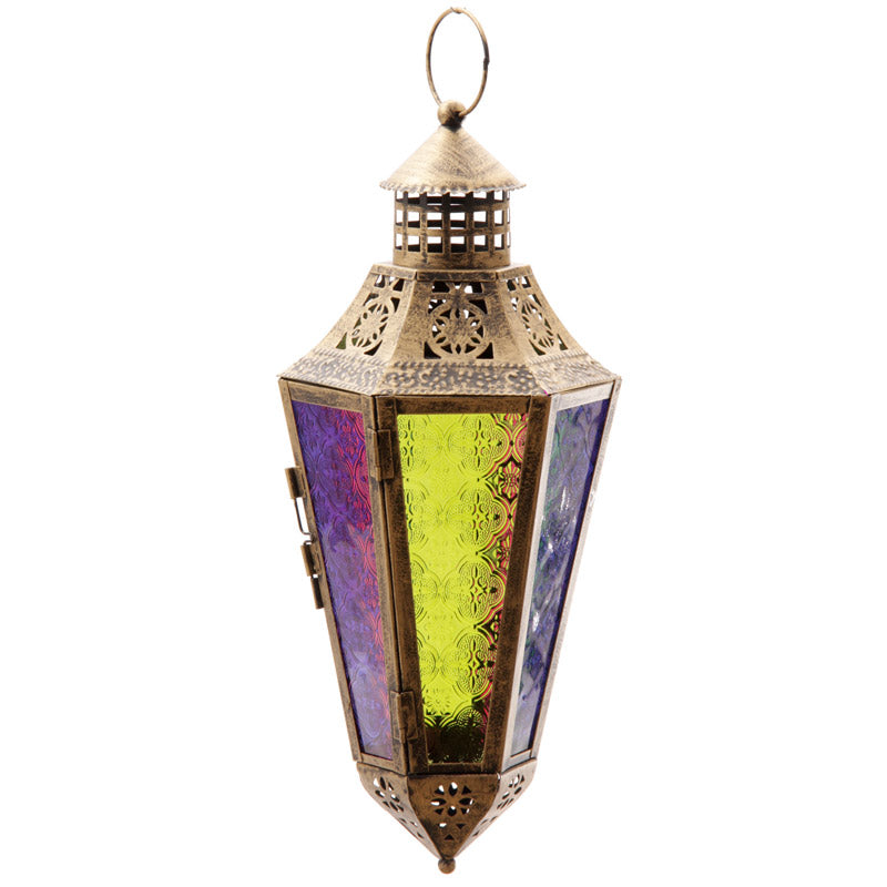 Pointed Moroccan style lantern with colored glass