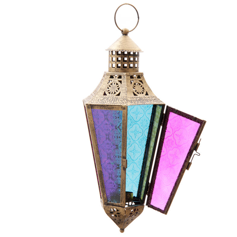 Pointed Moroccan style lantern with colored glass