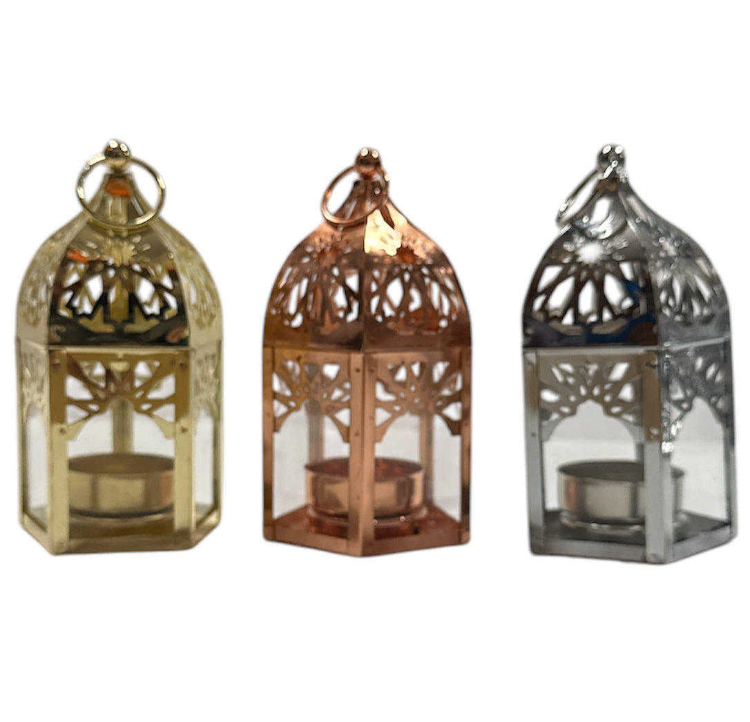 Oosterse mini metalen lantaarn – kaarsenhouder 13 cm, zilver, goud of koper – foto 5
