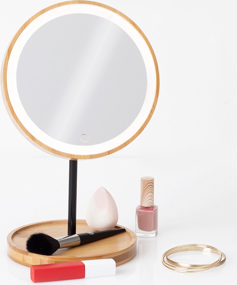 Make-up spiegel met LED-verlichting van bamboe – oplaadbaar via USB, 19 x 31 cm – foto 4