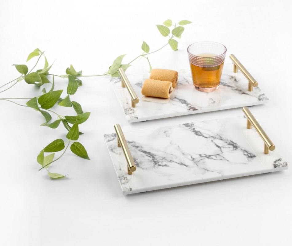 Marble serving tray with gold handles 40x24cm black / white