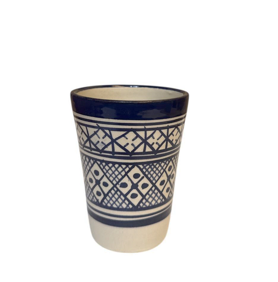 Marokkanischer Fès-Becher – Handgemachtes Steingut – Blau/Weiß – Ø7.5 cm x 10 cm