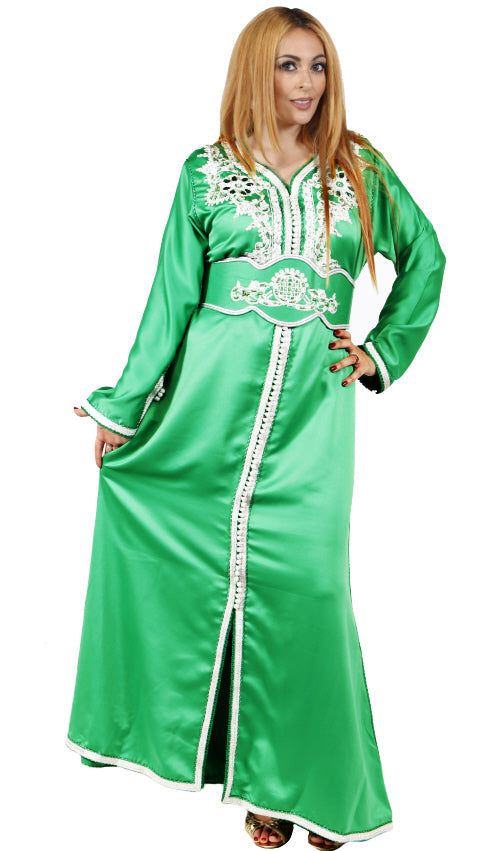 Traditionele Marokkaanse kaftan groen – met sfifa, skali en steentjes – foto 3