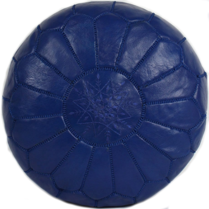 Blauwe Marokkaanse poef van leer – handgemaakt in Marrakech, Ø 50 cm