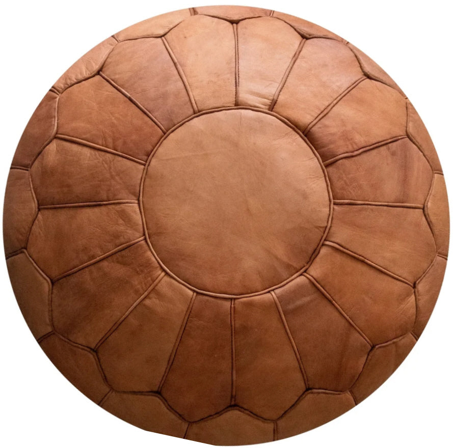 Marokkaanse leren poef rond – cognac bruin, handgemaakt, Ø 60 x 35 cm