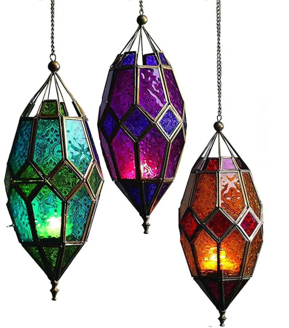 Lanterne marocaine suspendue en verre coloré