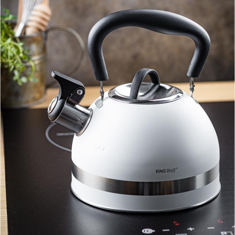 KingHoff RVS Fluitketel 1, 8L Wit – Compact, Met Fluitsignaal en Ergonomisch Handvat
